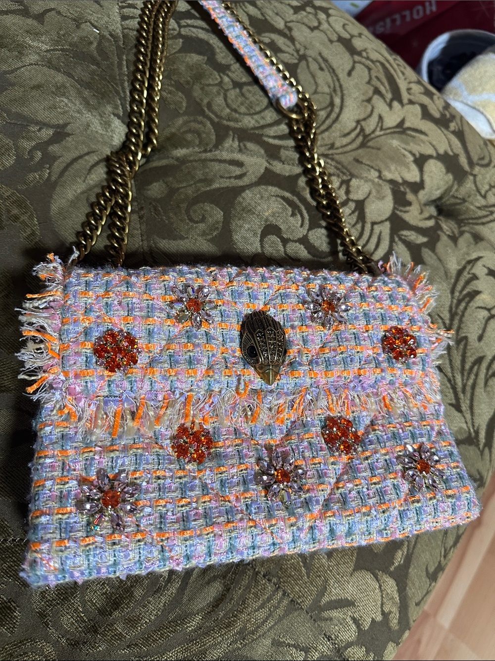Kurt Geiger Pastel Tweed Shoulder Bag with Gold Chain & Orange Crystal Accents